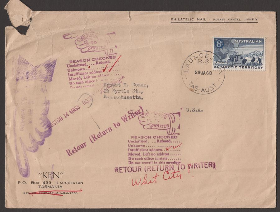 Australian Antarctic Terr 1960 8d Cover Used to USA with Dead Letter Office Mark