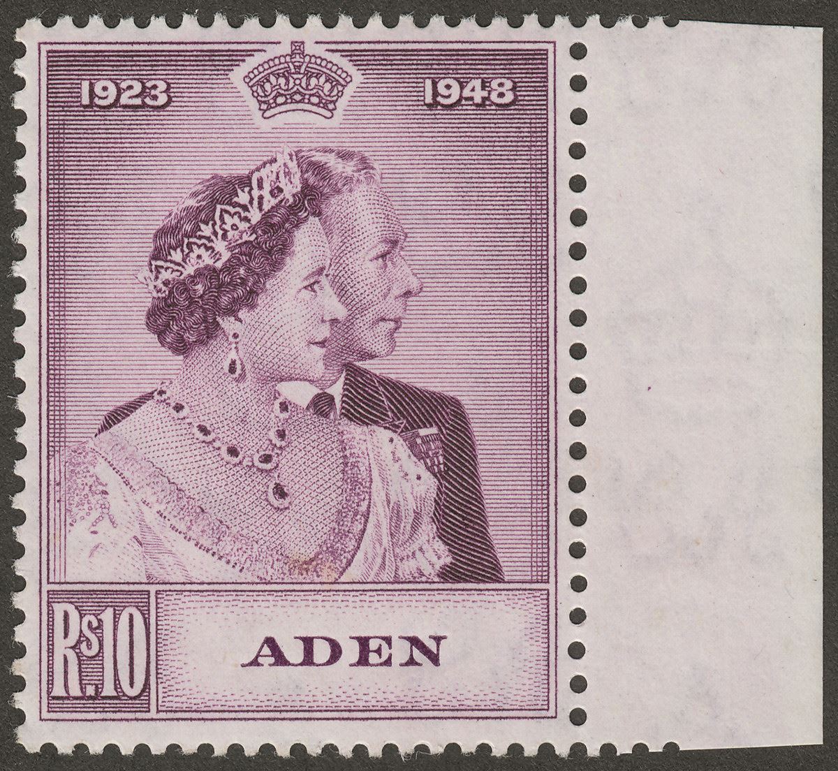 Aden 1949 KGVI Royal Silver Wedding 10r Mauve Mint SG31 cat £40 small tones