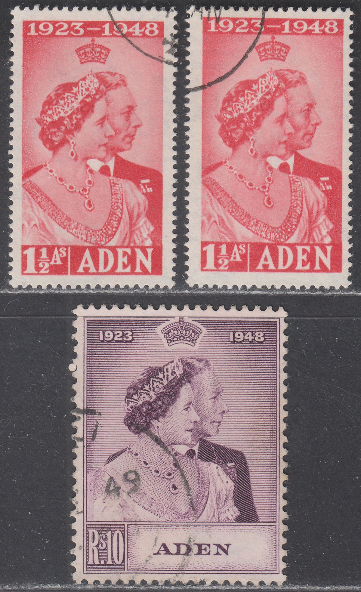 Aden 1949 KGVI Royal Silver Wedding 1½a Scarlet, 10r Mauve Used SG30-31 cat £55