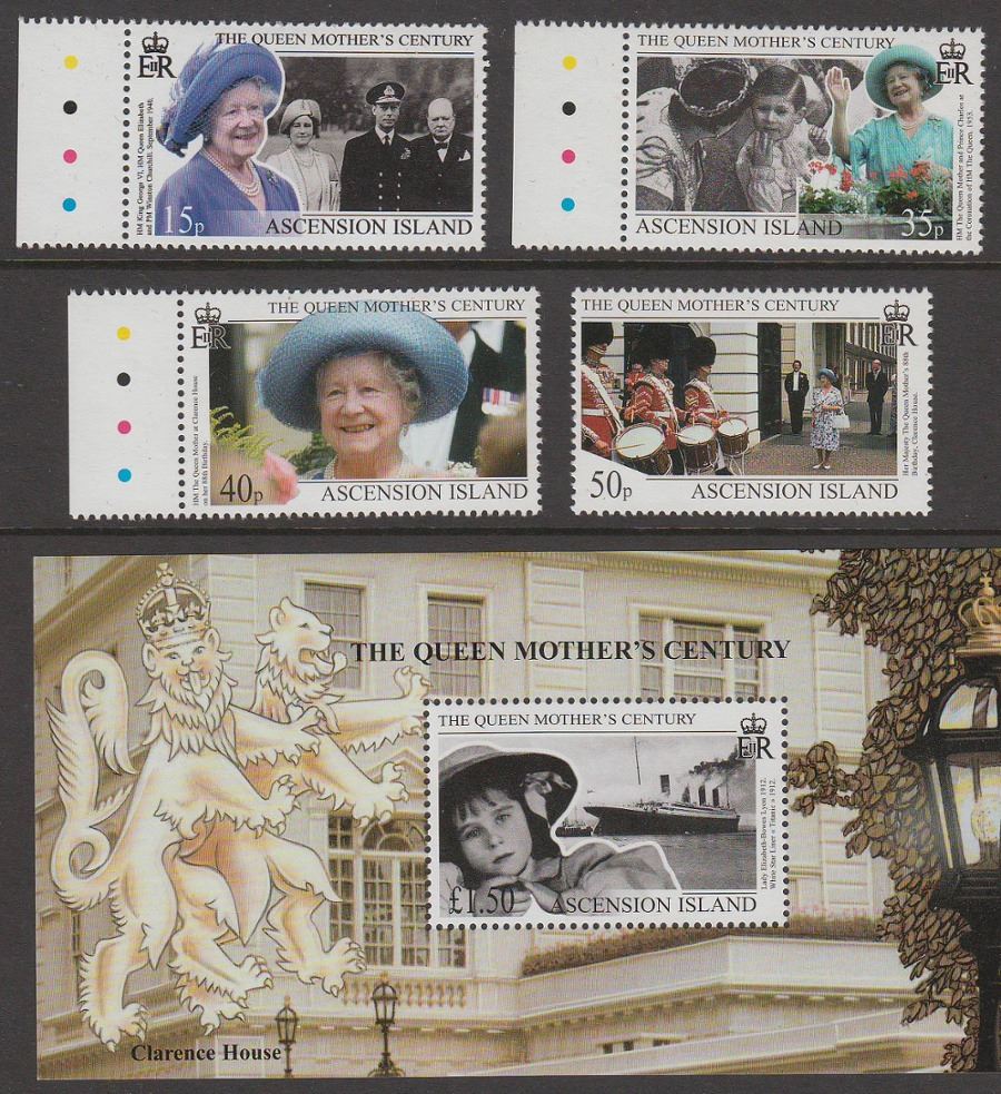 Ascension Island / South Georgia + Sandwich Is 1999 Queen Mother Set + MS Mint