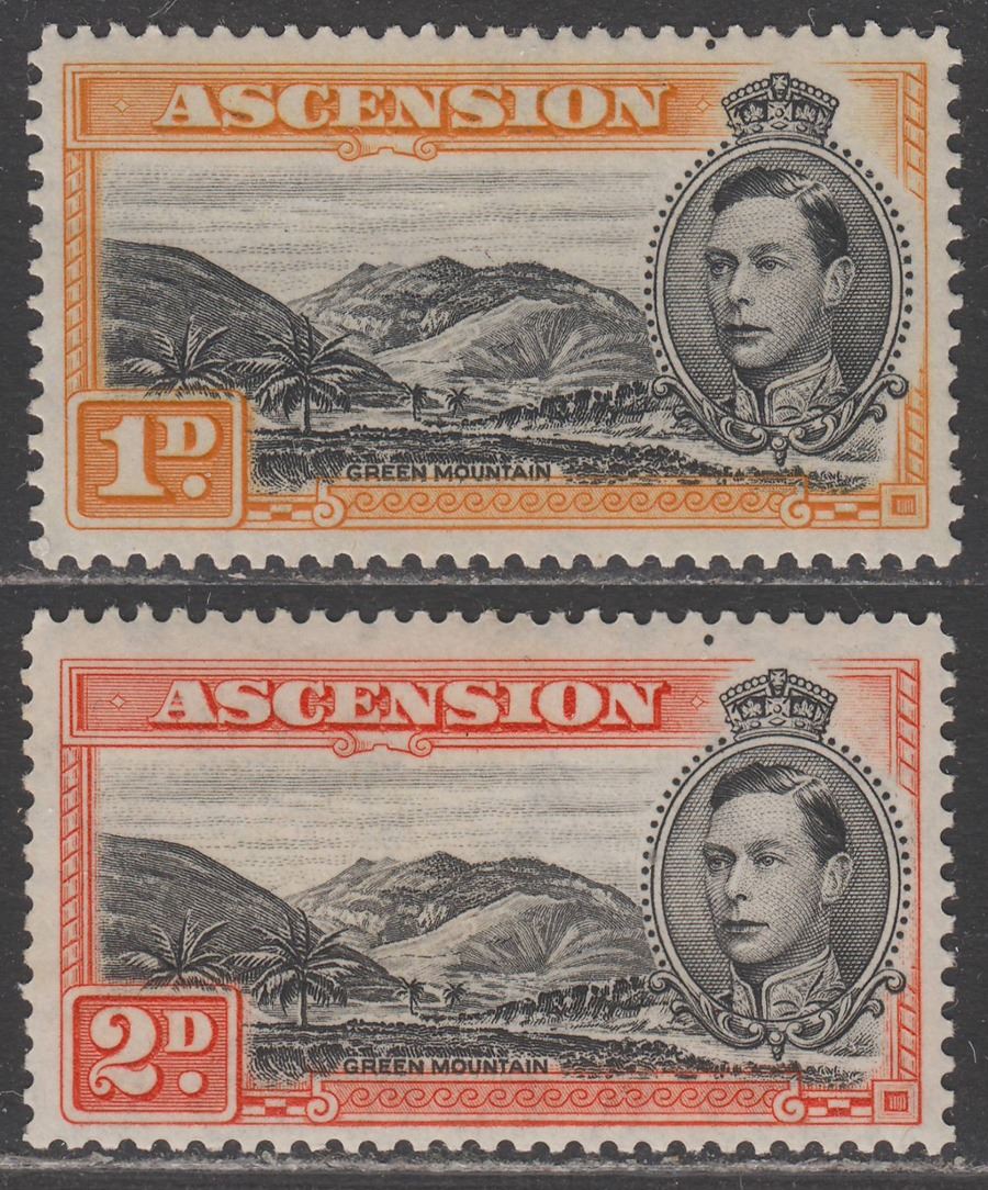 Ascension 1942-44 KGVI 1d + 2d p13 with Dot in Top Margin Variety Mint SG39b-41a