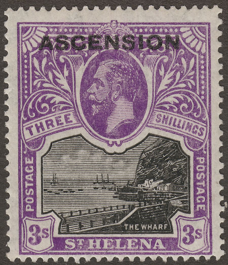 Ascension 1922 KGV Opt on St Helena 3sh Black and Violet Mint SG8