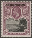 Click for more photos and details Ascension 1922 KGV Opt on St Helena 8d Black and Dull Purple Mint SG6