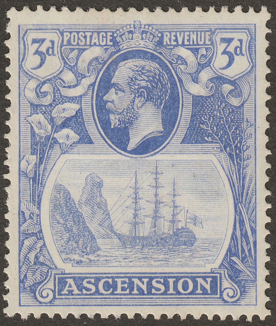 Ascension 1924 KGV Badge 3d Blue with Broken Mainmast Variety Mint SG14a