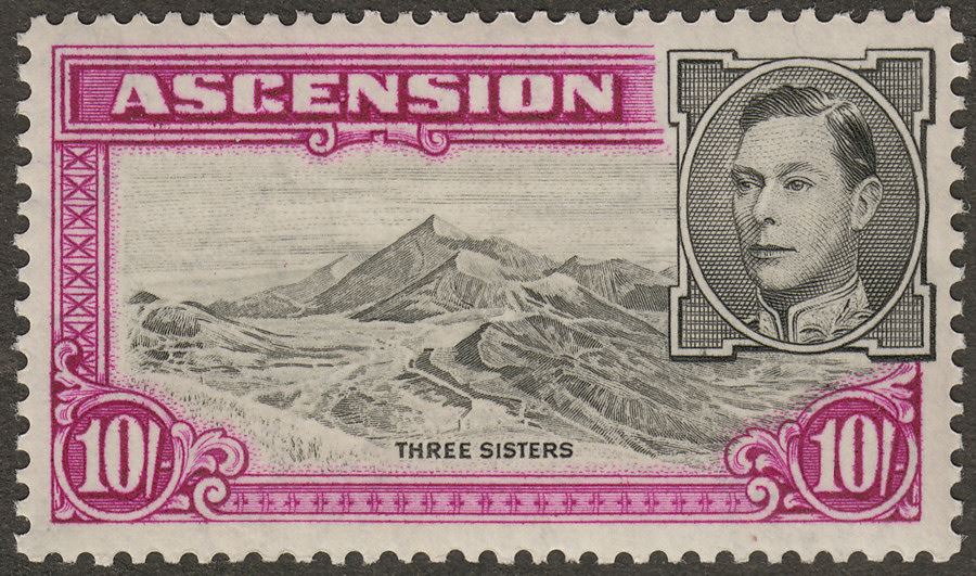 Ascension 1938 KGVI Three Sisters 10sh Black and Bright Purple p13½ Mint SG47