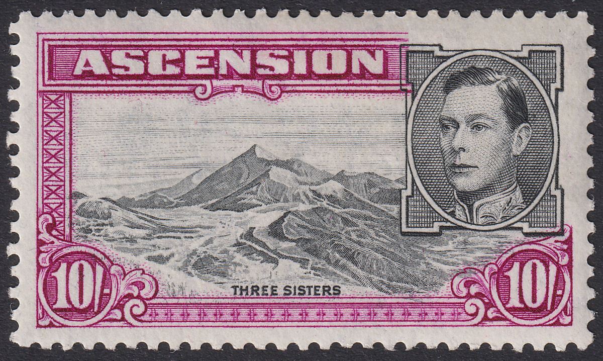 Ascension 1944 KGVI Three Sisters 10sh Black and Bright Purple p13 Mint SG47b
