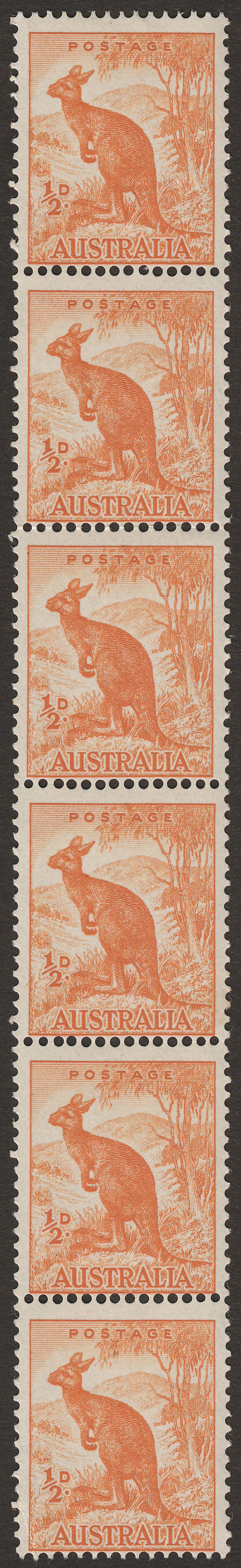 Australia 1949 Kangeroo ½d coil perf strip of 6 Mint SG228c