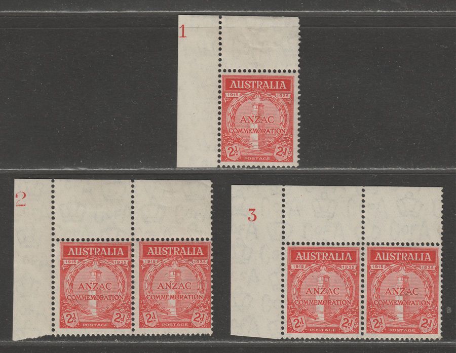 Australia 1935 KGV 2d Anzac Plate 1, 2 and 3 Mint SG154 