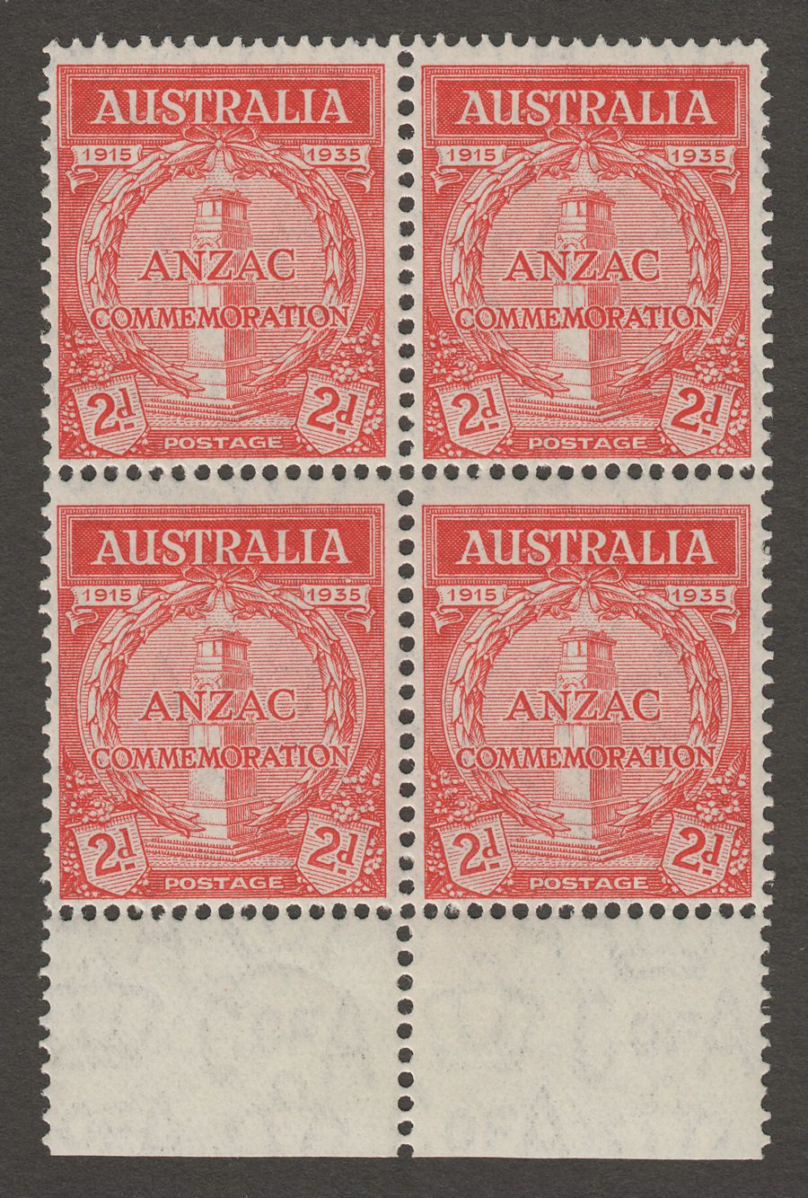 Australia 1935 KGV 2d Anzac Mint Block with AL joined SG154var