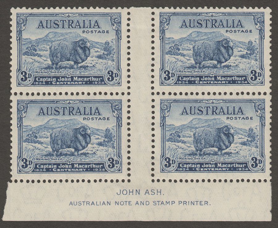 Australia 1934 KGV 3d Merino Ram Mint Ash Imprint Block SG151
