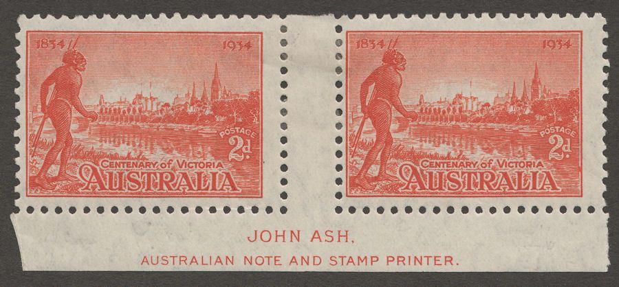 Australia 1934 KGV Victoria Centenary 2d Pair Mint with Ash Imprint SG147