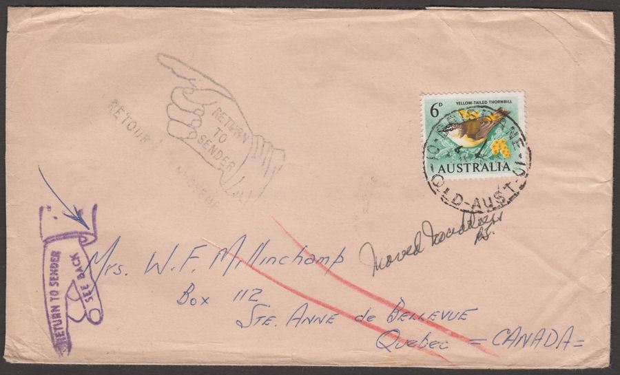 Australia 1965 6d Used on Cover Brisbane to Canada Undelivered Mail Office Mark