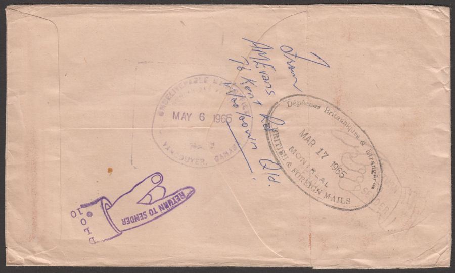 Australia 1965 6d Used on Cover Brisbane to Canada Undelivered Mail Office Mark