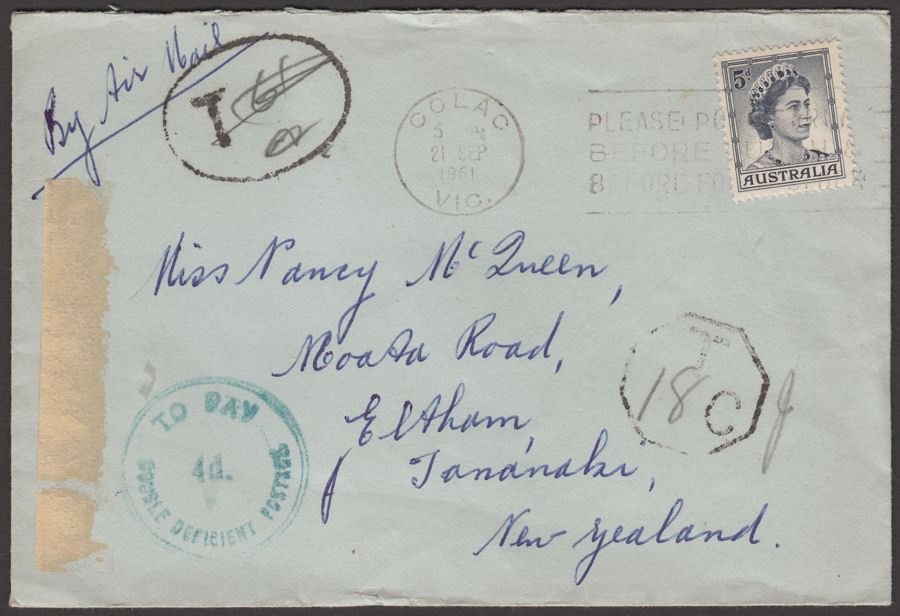 Australia 1961 QEII 5d Cover COLAC to New Zealand w 4d To Pay Paid by NZ Stamp