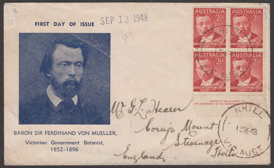 Australia 1948 KGVI F von Mueller 2½d Imprint First Day Cover NHILL Postmarks