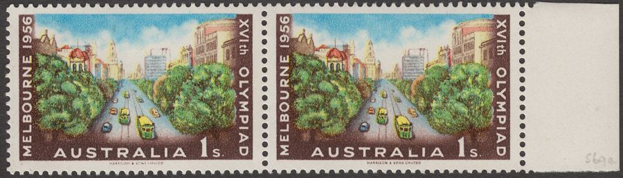 Australia 1956 QEII Olympic Games 1sh Pair with Variety Short L Mint SG292var
