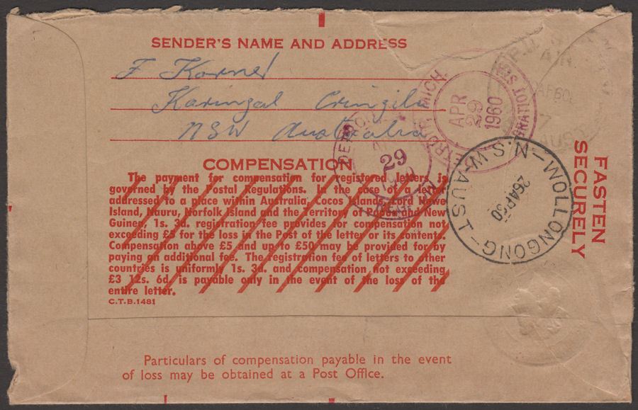 Australia 1960 QEII Uprated 2sh5d Regd Post Stat Cover Used WOLLONGONG Postmark