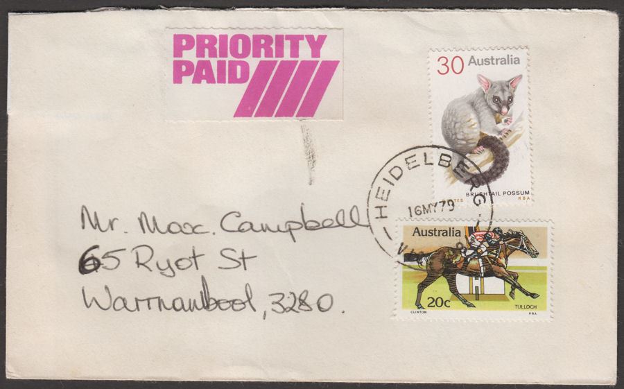 Australia 1979 QEII 30c, 20c Used on PRIORITY PAID Cover w HEIDELBERG Postmark