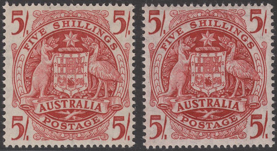 Australia 1949-51 KGVI Coat of Arms 5sh Both Papers Mint SG224a-224ab cat £100