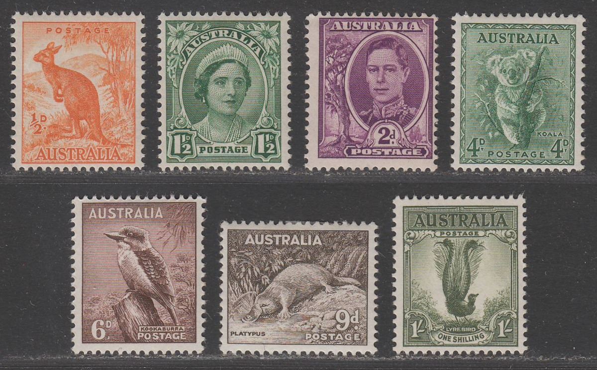 Australia 1948-56 KGVI Unwatermarked set of 7 Mint SG228-230d cat £35
