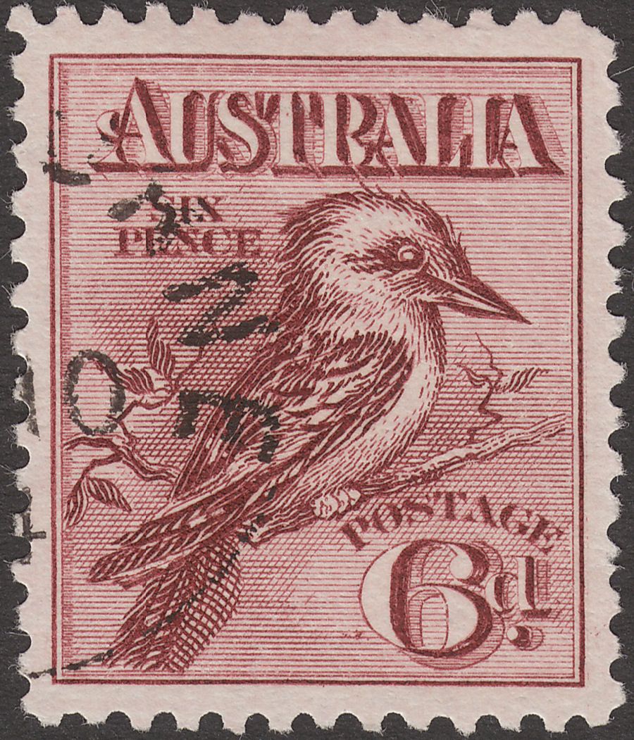 Australia 1914 KGV Kookaburra 6d Claret Used with SP 10 UPU CTO Cancel SG19