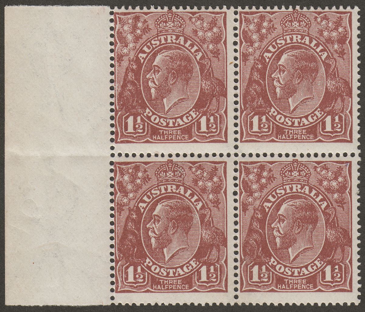 Australia 1919 KGV 1½d Brown wmk Multi Block of Four UM Mint SG52 cat £52