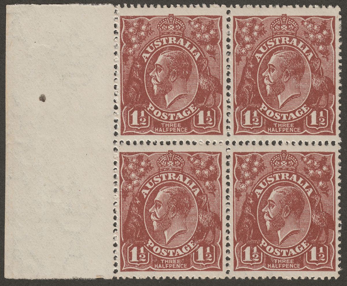 Australia 1919 KGV 1½d Brown wmk Multi Block of Four UM Mint SG52 cat £52 mark