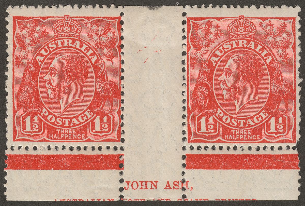 Australia 1927 KGV 1½d Scarlet p13½x12½ part Imprint Pair Mint SG96
