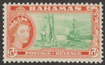 Bahamas 1959 QEII 5sh Bright Emerald and Reddish Orange SG214a