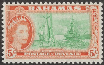 Bahamas 1955 QEII 5sh Bright Emerald and Orange SG214