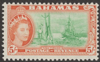 Bahamas 1954 QEII 5sh Bright Emerald and Orange SG214
