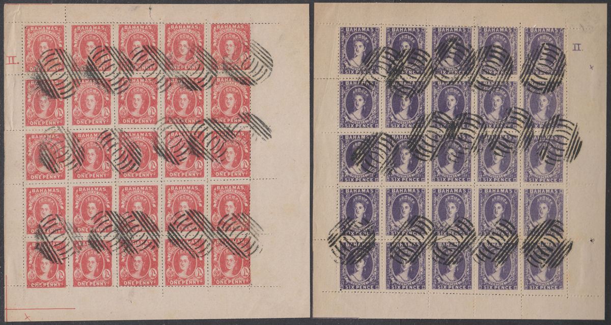 Bahamas 1863-80 QV Spiro 1d 6d 1sh "Used" Forgeries - Complete Sheets of 25