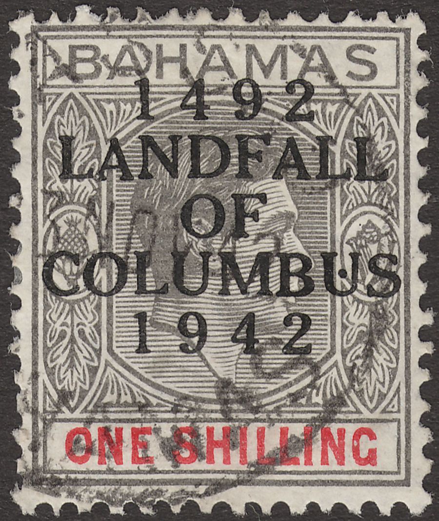 Bahamas 1942 KGVI Columbus 1sh Brownish Grey and Scarlet Used SG171