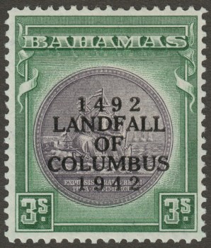 Bahamas 1942 KGVI Columbus 3sh Slate-Purple and Myrtle-Green SG173