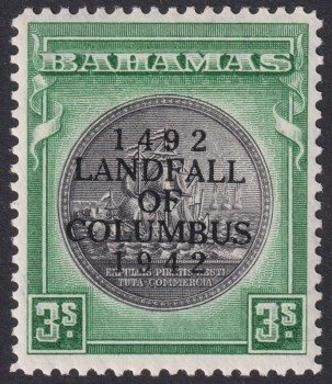 Bahamas 1942 KGVI Columbus 3sh Brownish Black and Green SG173a