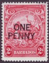 Click for more photos and details Barbados 1947 KGVI 1d Surcharge on 2d Carmine p14 Variety Broken E Mint SG264d