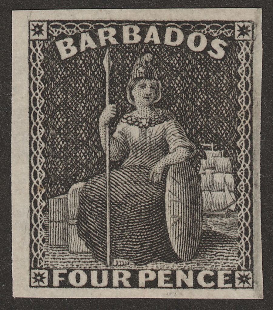 Barbados 1873 QV Britannia Perkins Bacon 4d Plate Proof in Black