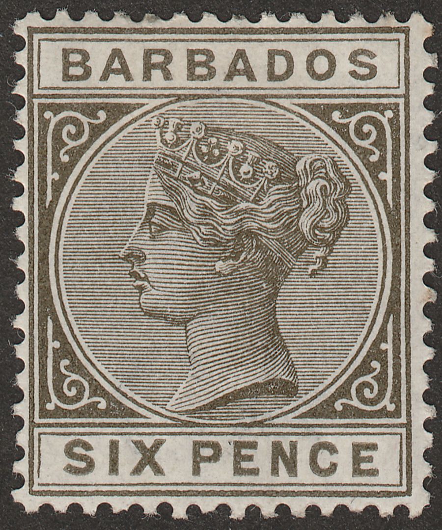 Barbados 1886 QV 6d Olive-Black Mint SG100