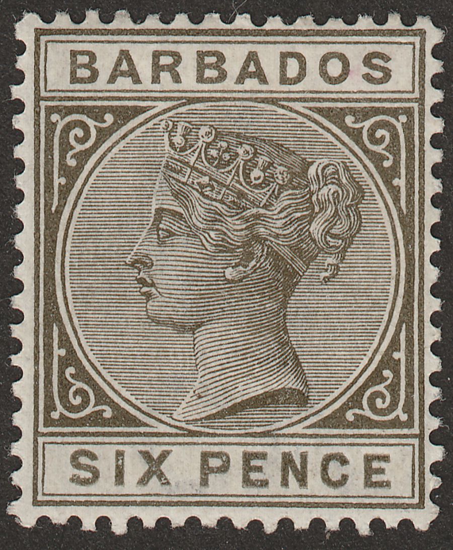 Barbados 1886 QV 6d Olive-Black Mint SG100