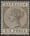 Click for more photos and details Barbados 1886 QV 6d Olive-Black Mint SG100