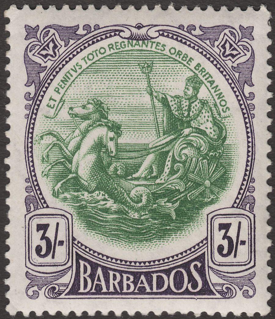 Barbados 1918 KGV 3sh Green and Deep Violet Mint SG200