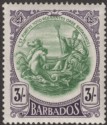 Click for more photos and details Barbados 1918 KGV 3sh Green and Deep Violet Mint SG200