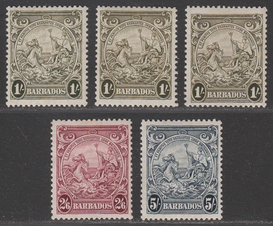Barbados 1941 KGVI Badge 1sh, 2sh6d, 5sh Selection Mint SG255-256a