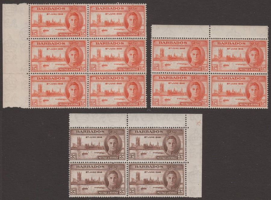 Barbados 1946 KGVI Victory 1½d, 3d Blocks Mint SG262-263 with shades of 1½d
