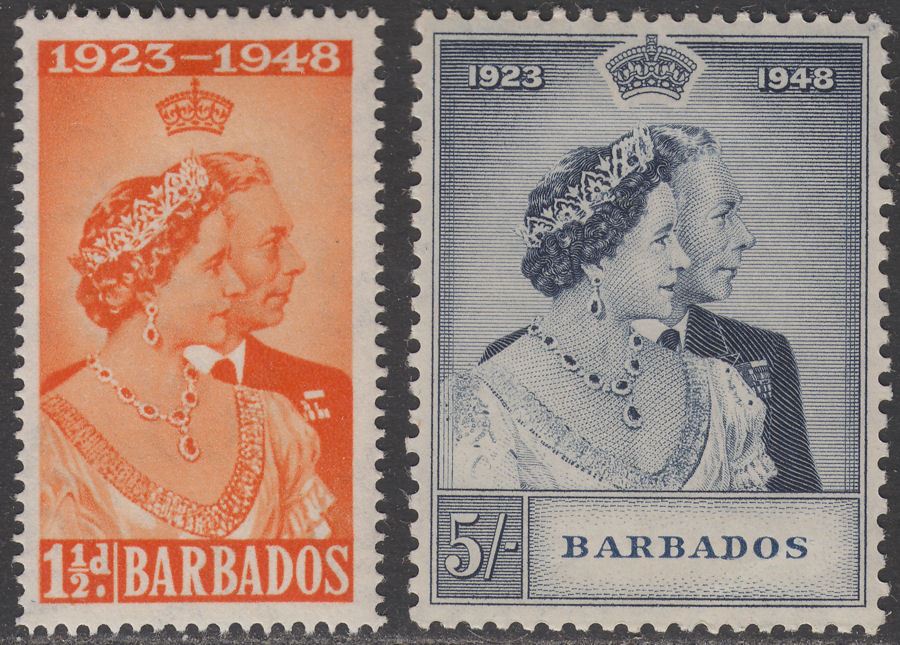Barbados 1948 KGVI Royal Silver Wedding 1½d Orange 5sh Indigo Mint SG265-66 c£17