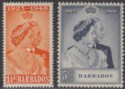 Click for more photos and details Barbados 1948 KGVI Royal Silver Wedding 1½d Orange 5sh Indigo Mint SG265-66 c£17