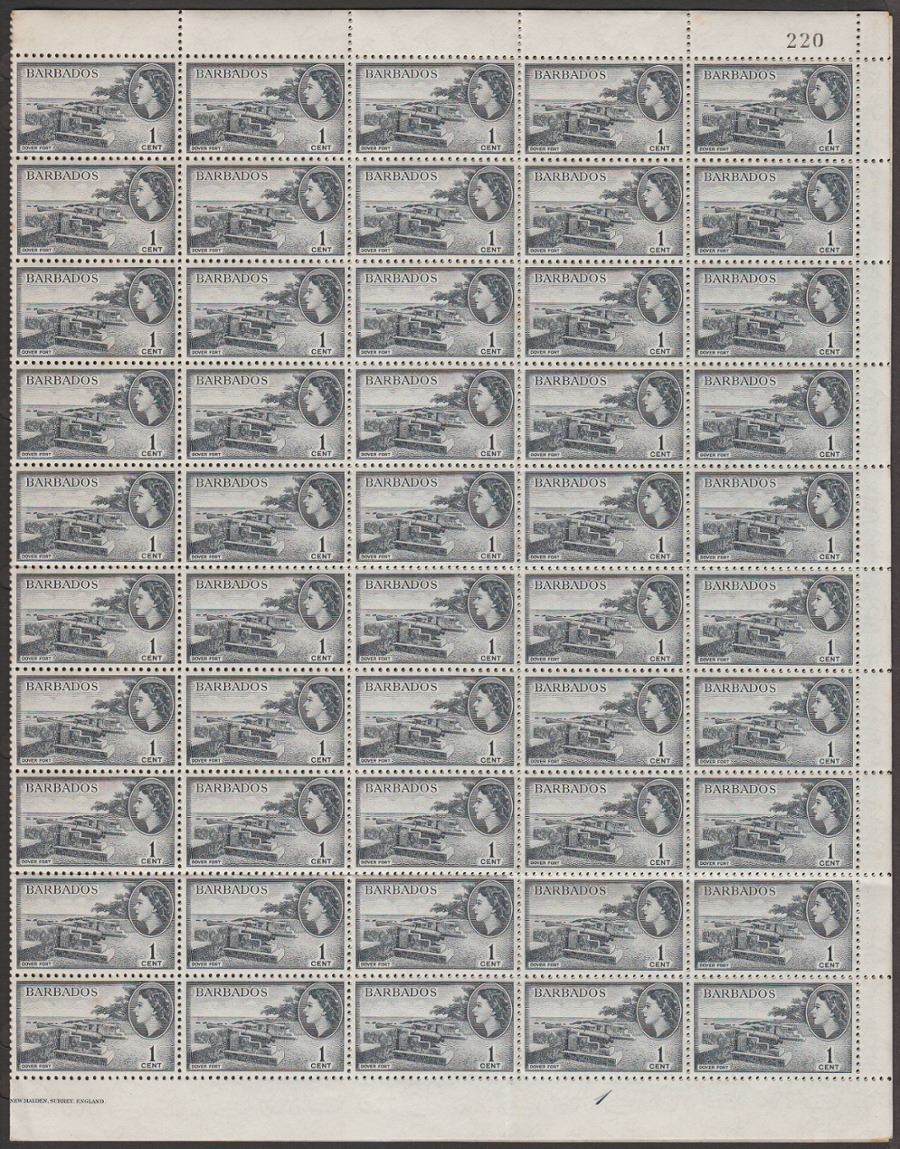 Barbados 1953 QEII Dover Fort 1c Indigo Full Sheet of 100 Mint SG289