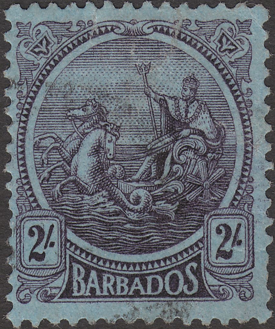 Barbados 1921 King George V 2sh Purple on Blue Used SG227 cat £24 faults