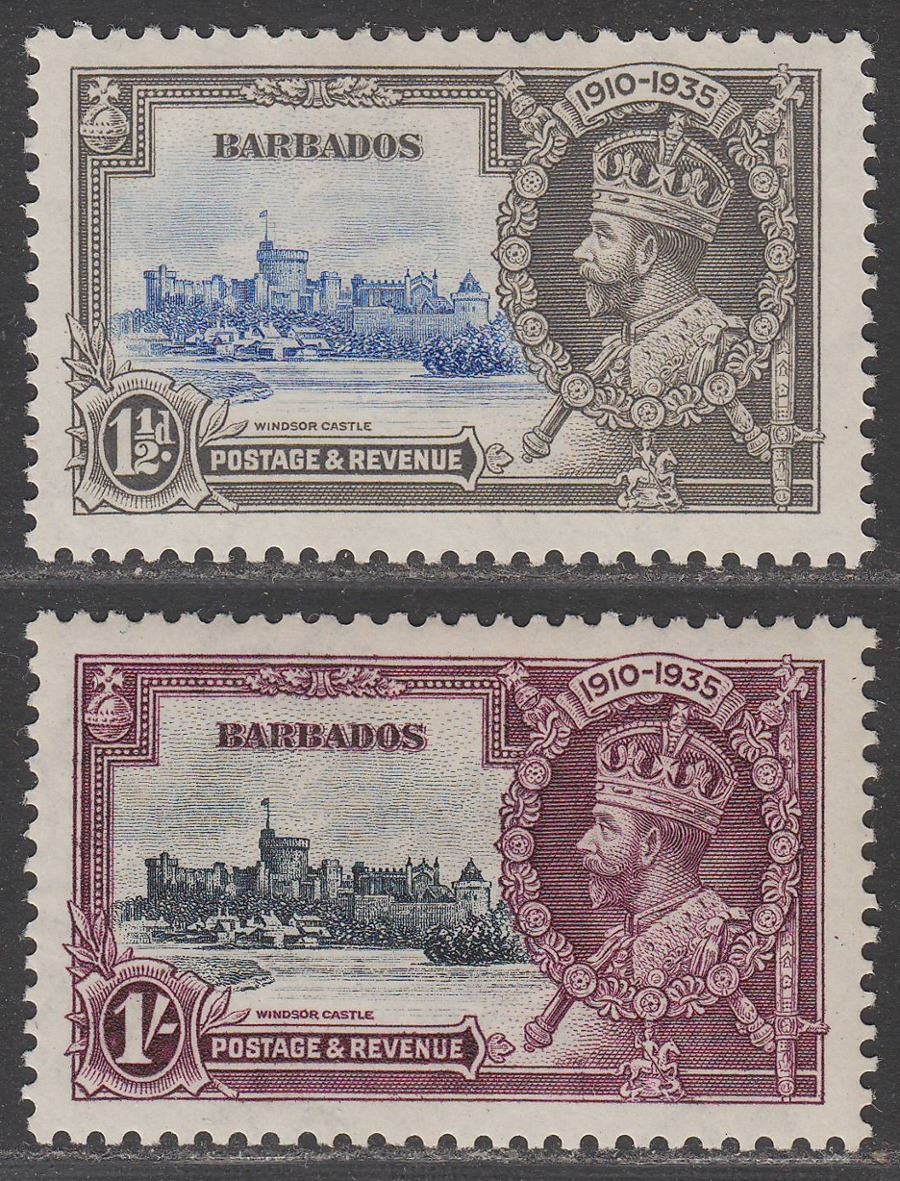 Barbados 1935 KGV Silver Jubilee 1½d, 1sh Mint SG242 SG244 cat £29 with thin