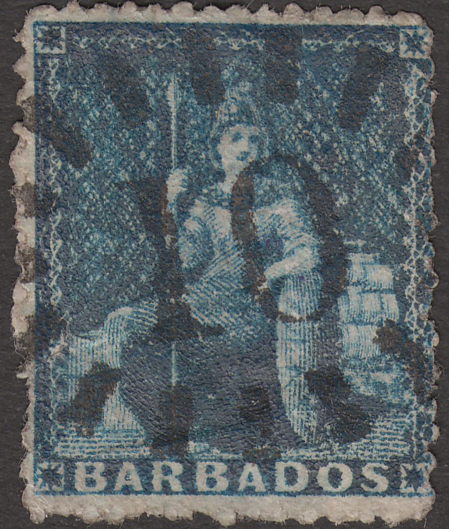 Barbados 1861 QV Britannia 1d Deep Blue Used w numeral 10 postmark St Peter flts